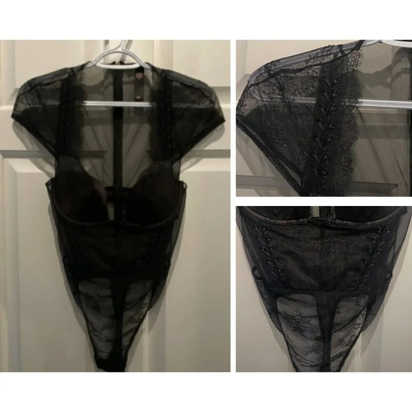 Victoria's Secret Lace short sleeve Bodysuit Black faux lace-up 16712 - Picture 3 of 14